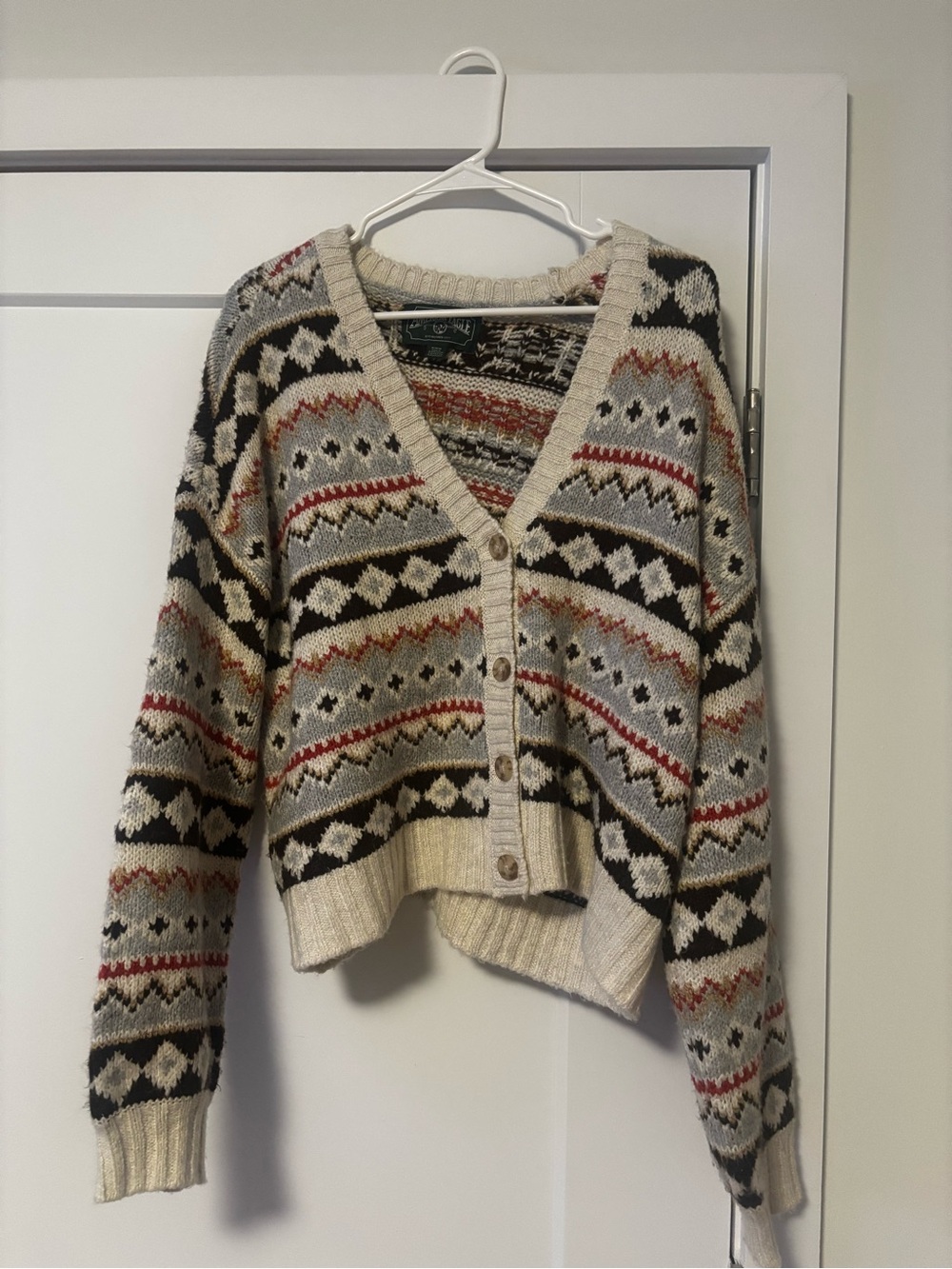 American Eagle Outfitters Cream Multi Fair Isle Button-Front Cardigan